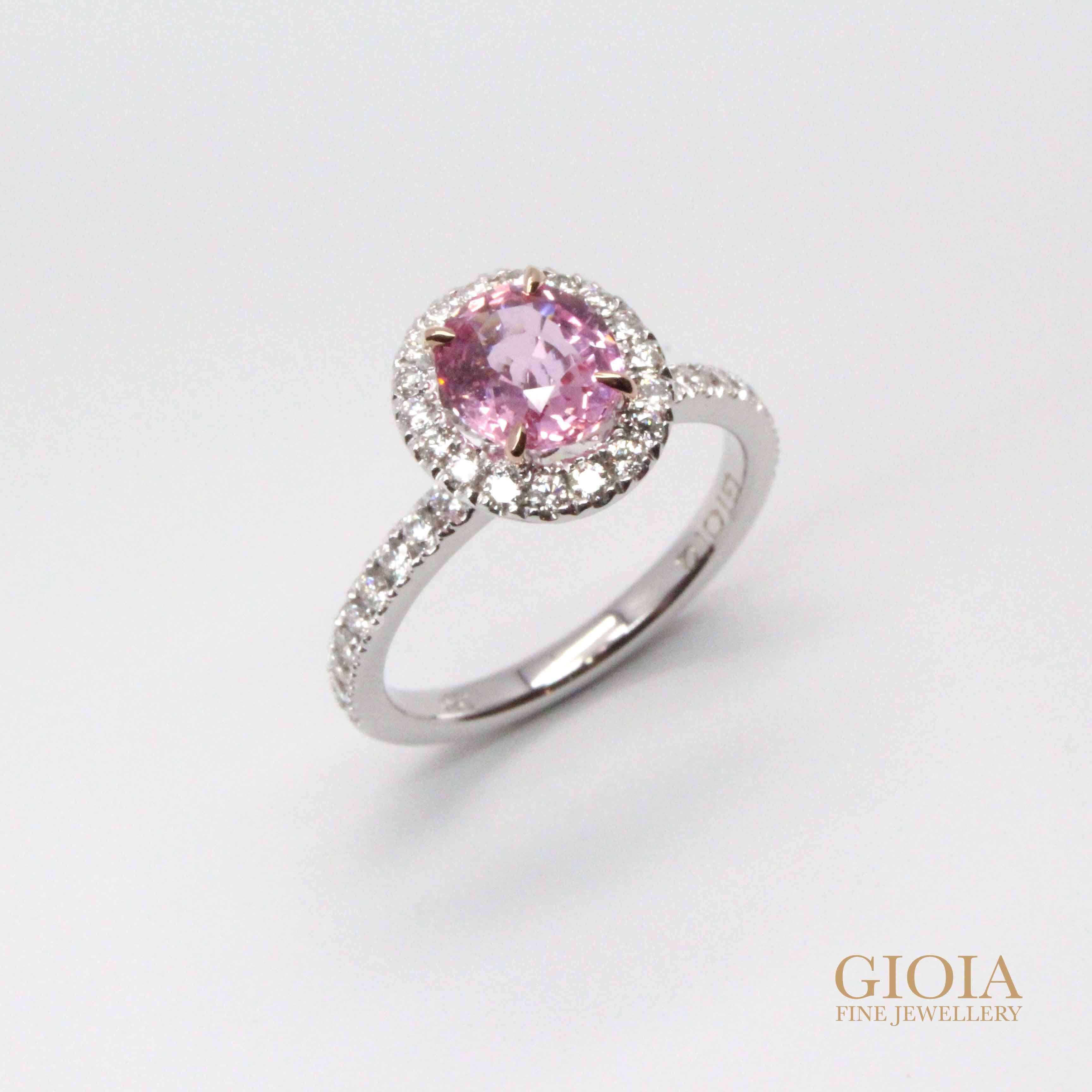 Padparadscha Sapphire Unique halo solitaire Ring - Sapphire gemstone engagement ring | Local Singapore Custom made Jewellery
