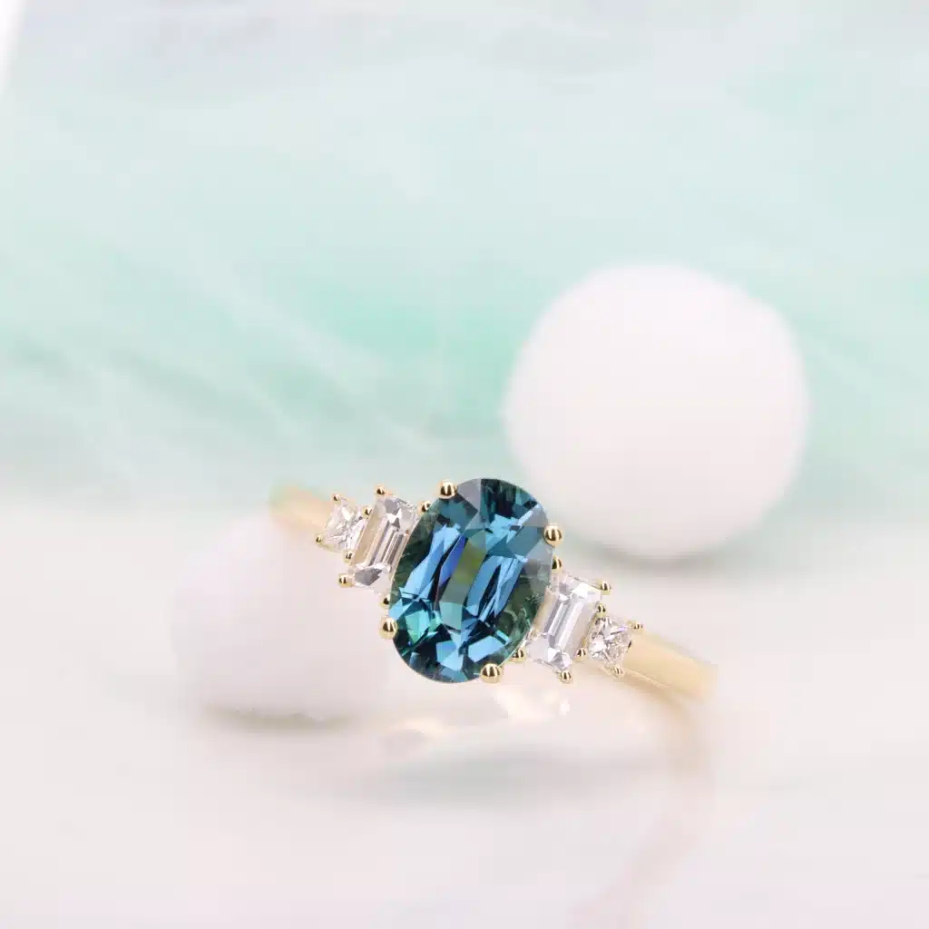 Unique Proposal Ring Indicolite with side art deco design ring - Gemstone Engagement Ring 