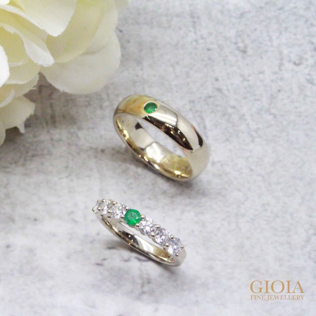 Emerald Wedding Bands customised with emerald gemstone - Unique wedding bands with own birthstone - 20th Wedding Anniversary | Local Singapore Trusted Customised Jeweler 