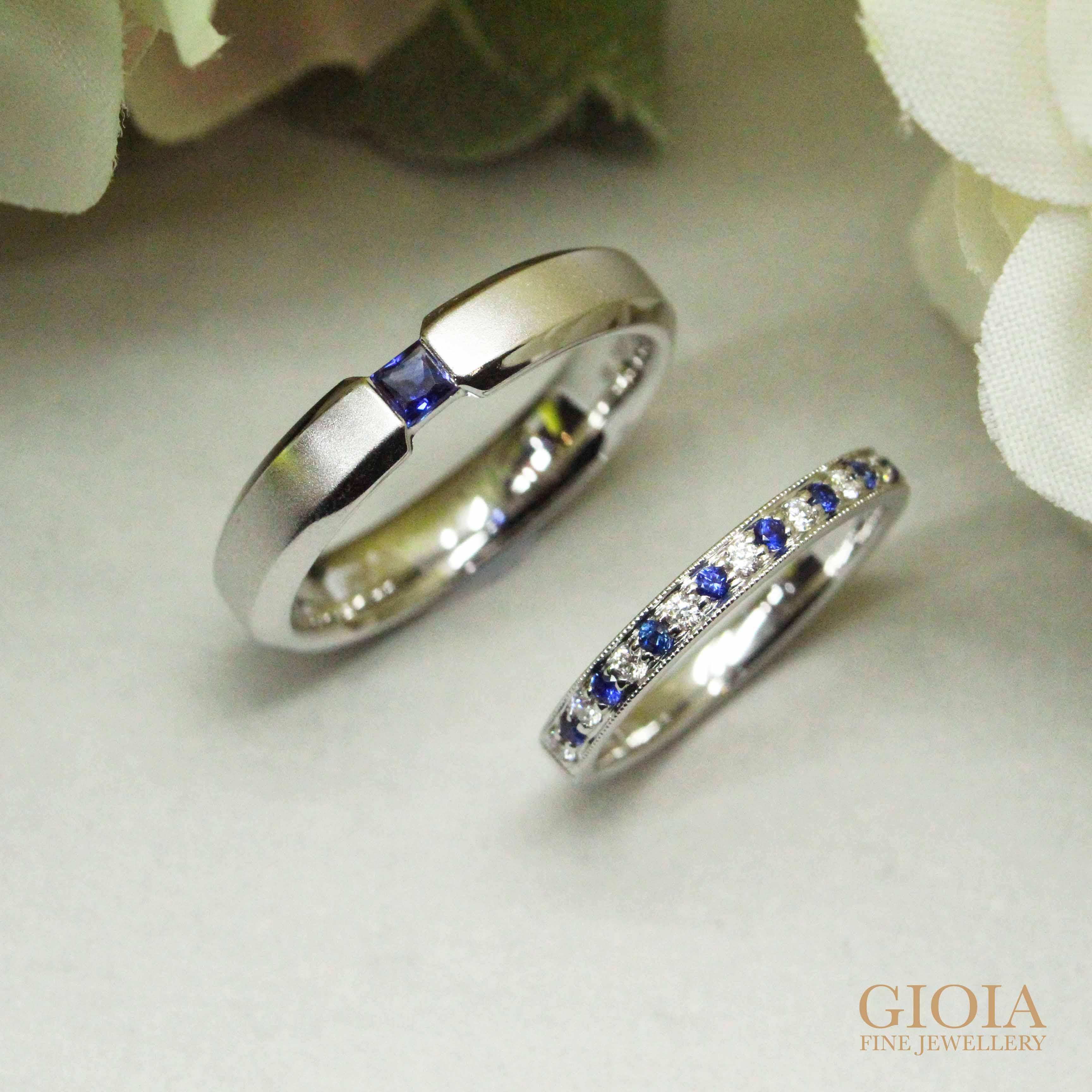 sapphire wedding bands with blue coloured sapphire gemstone | Unique wedding ring custom made by GIOIA Fine Jewellery