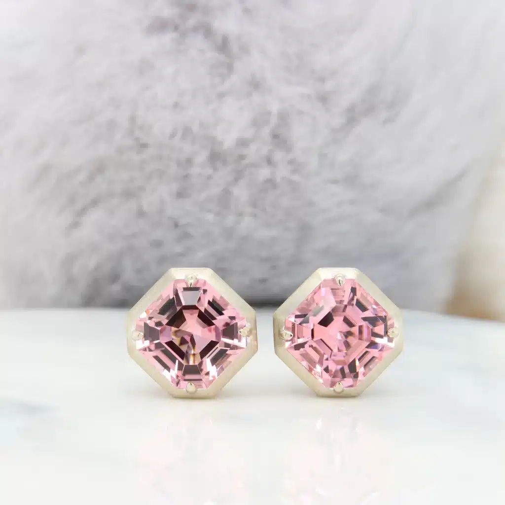 Pink Tourmaline Earring Stud with Asscher Geometric Modern Champagne Gold Bespoke Jewellery in Singapore