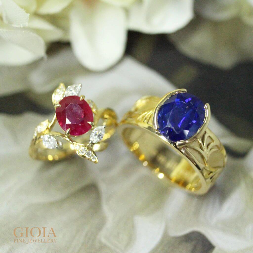 Ruby and Blue Sapphire gemstone ring for customised set ring with round brilliant diamonds and natural flow designs | Resetting jewellery with bespoke jewellery