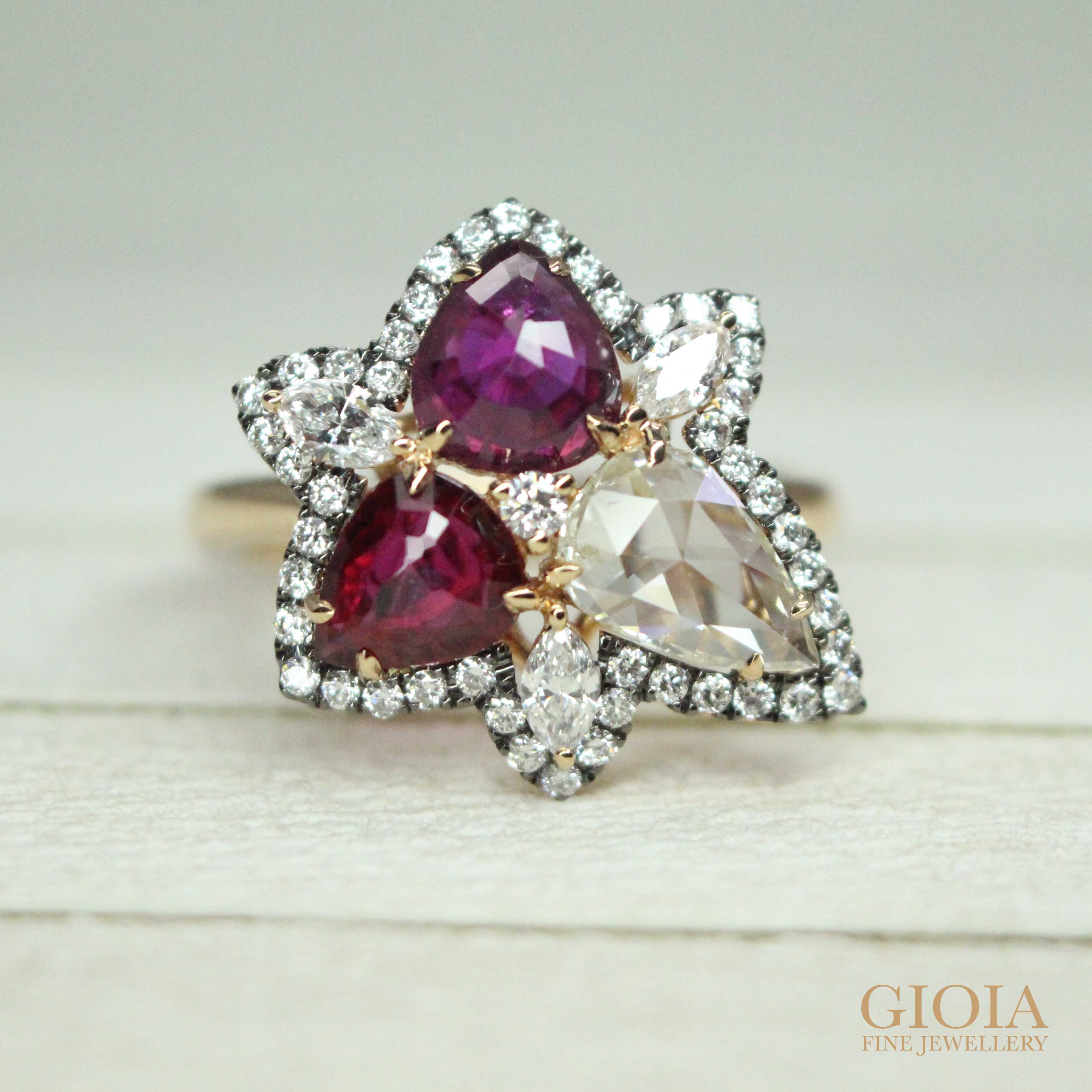 Modified rose-cut shape Ruby and Diamond, customised to a cluster ring with round brilliant halo diamond | Singapore Private Jeweller in bespoke customised fine jewellery - Designer Jewellery with unique personal style