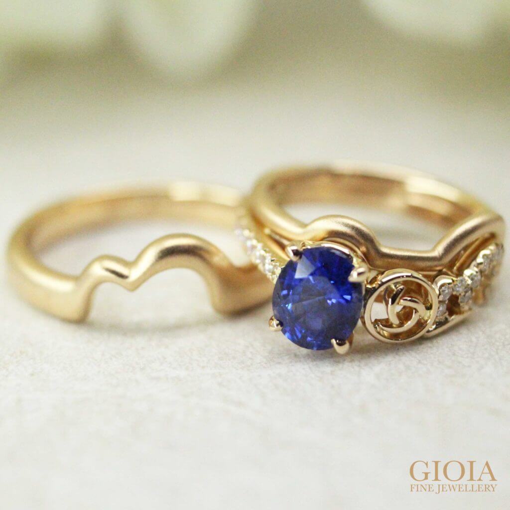 Customised Blue Sapphire wedding engagement ring and stacking with Wedding Bands | Local Bespoke Jeweller in Customised Wedding Rings in Singapore