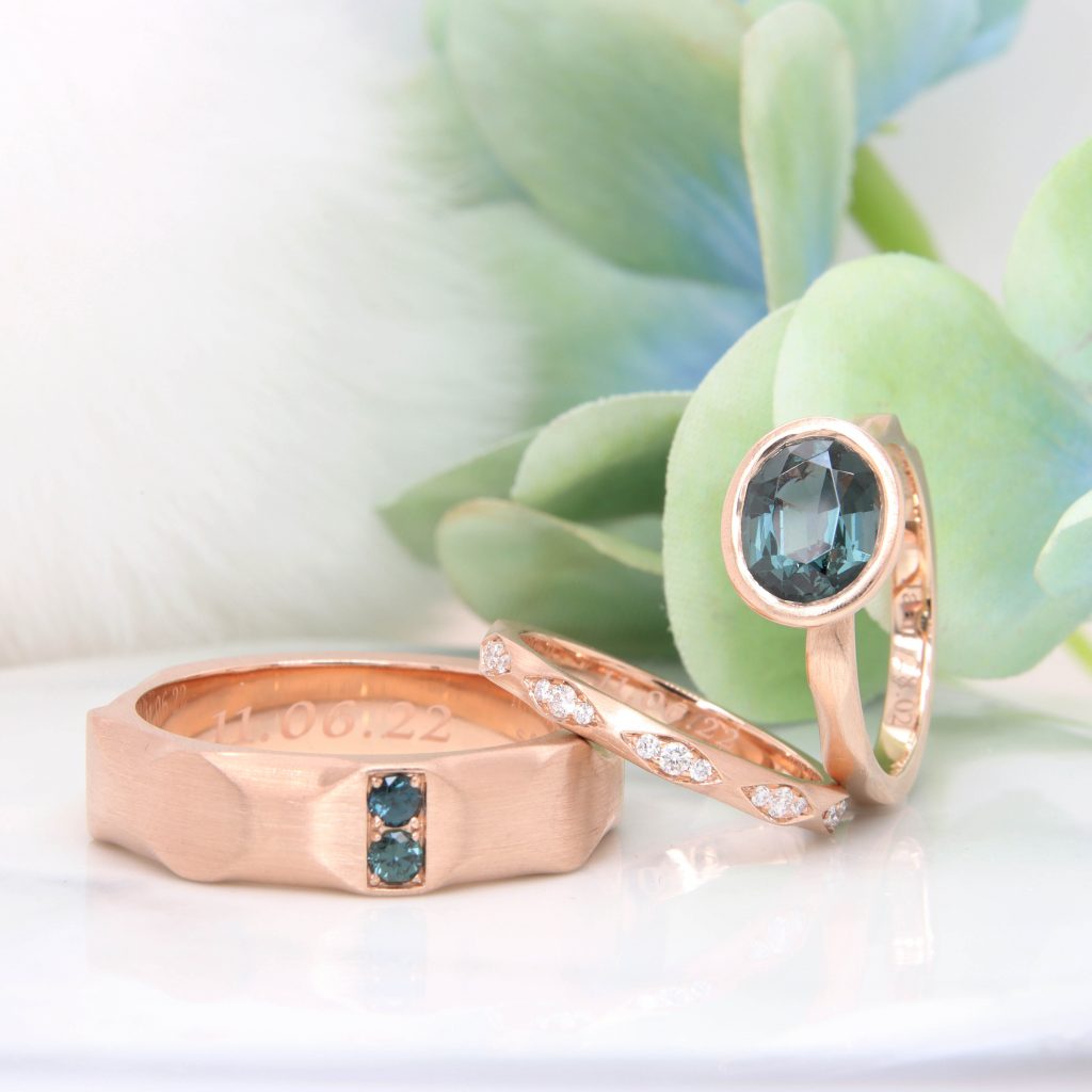 Sapphire Wedding Bands Teal coloured Sapphire gemstone