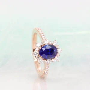 Royal Blue Sapphire Engagement Ring Halo Diamond in Rose Gold Standview Perspective IG