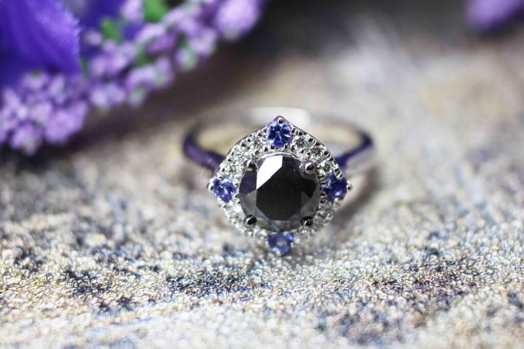 Natural Black Diamond gem Engagement ring customised with surrounded Tanzanite Gemstone and round brilliant white diamond | Local Singapore Customised Wedding Jewellery with rare black diamond, Customised Engagement ring with natural gem and black diamond.