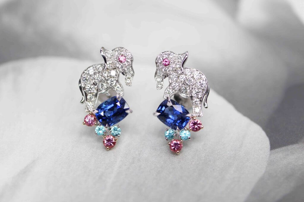 Customised Elephant Earring with Blue Sapphire unheat, Paraiba Tourmaline and Spinel gemstone, round diamond | Customised Fine Jewellery in unique natural animals and precious gemstone - Local Singapore Bespoke Customised Jewellery in Fine Jewellery
