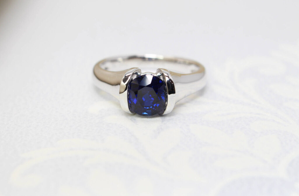 Burma Blue Sapphire Gemstone, rare deep royal blue sapphire gemstone unheated without heat treatment - bespoke Gemstone Jewellery custom set in white gold in half bezel setting | Local Singapore bespoke jewellery in Natural Coloured Gemstone Jewellery