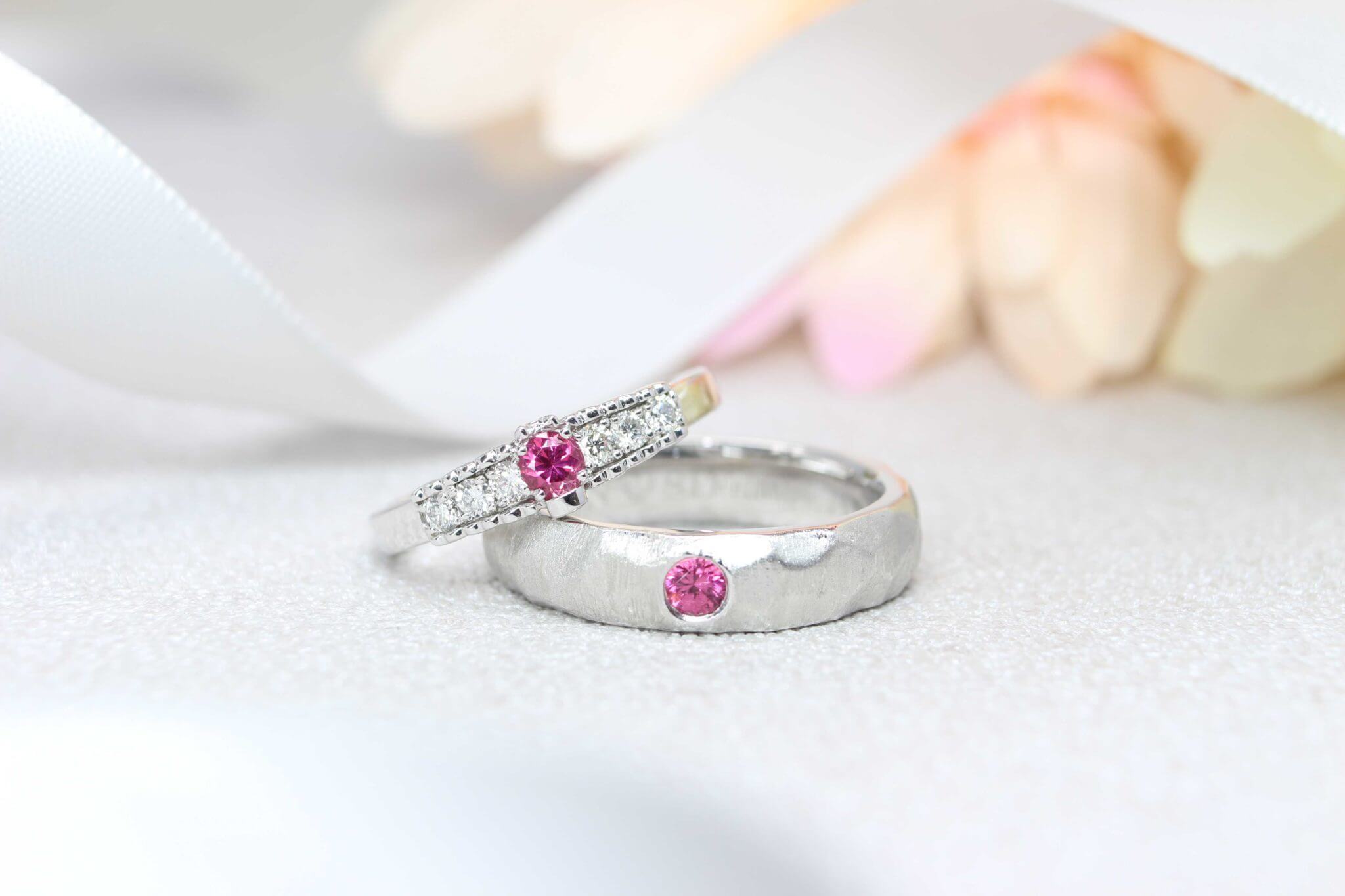Platinum with Pink Spinel coloured gemstone Wedding Bands