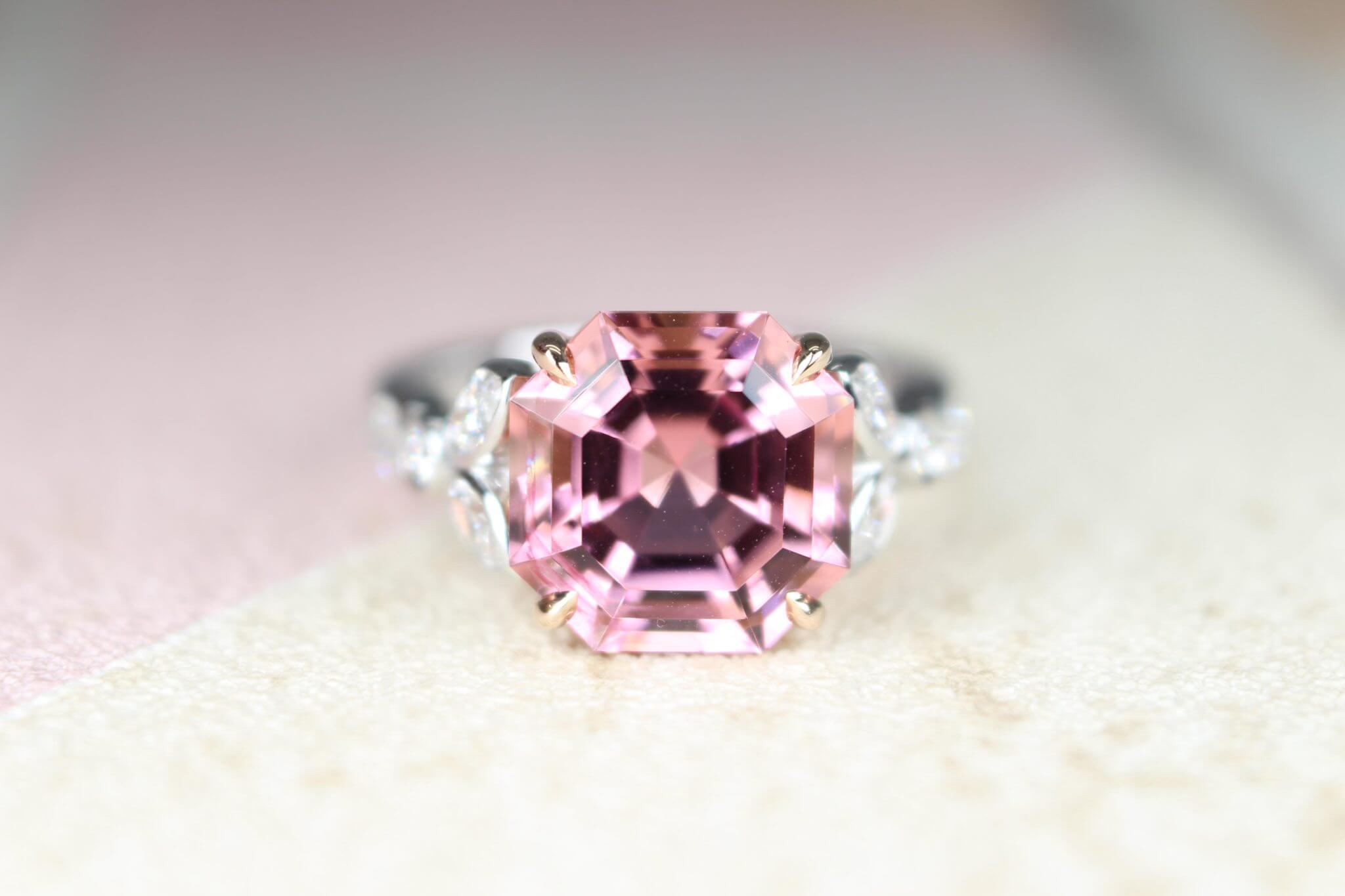 Pink Tourmaline Asscher Cut Ring Customised jewellery Front view