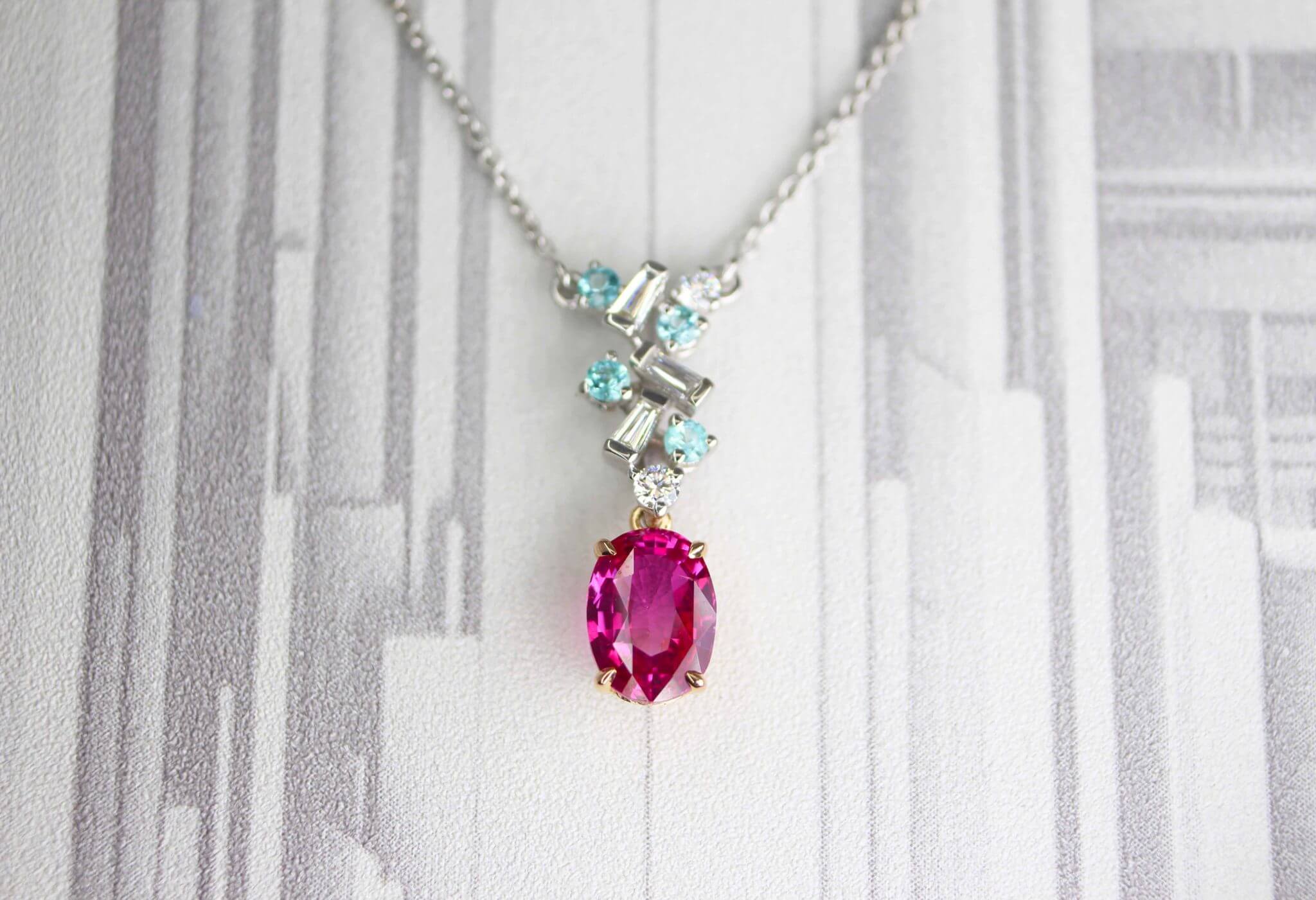 Ruby Pendant with Paraiba Diamond customised unique fine jewellery with ruby gemstone for pendant, earring, engagement ring for proposal | Local Singapore Customised Jeweller in fine jewellery with ruby and paraiba tourmaline gemstone