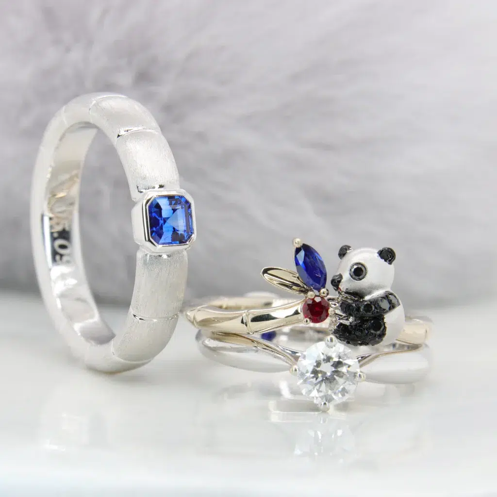Unique Custom Wedding Bands Panda and Bamboo Gemstone Perspective Animals wedding bands