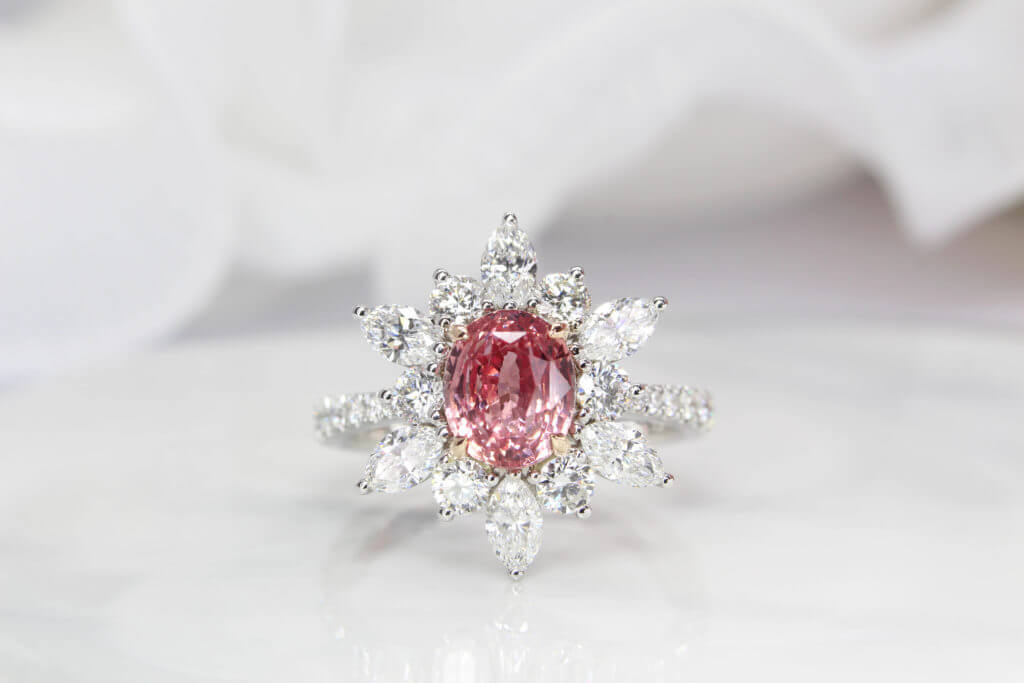 Sapphire Padparadscha Ring customised with halo starburst diamond ring. Natural padparadscha sapphire unheated & Heat | Customised Sapphire Padparadscha Jewelry