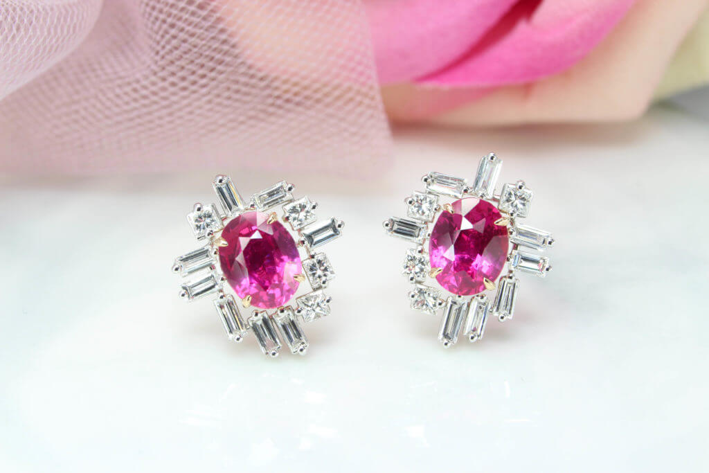 Ruby Pink Sapphire Jewellery, Bespoke Modern Art Deco Diamond baguette Halo Earring Jewellery. Customised Design with Ruby & Sapphire Jewellery in Singapore.