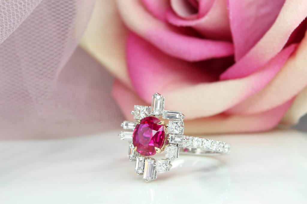 Ruby Sapphire Jewellery in Pink, Bespoke Modern Art Deco Diamond baguette Halo Earring Jewellery. Customised Design with Ruby & Sapphire Jewellery in Singapore.