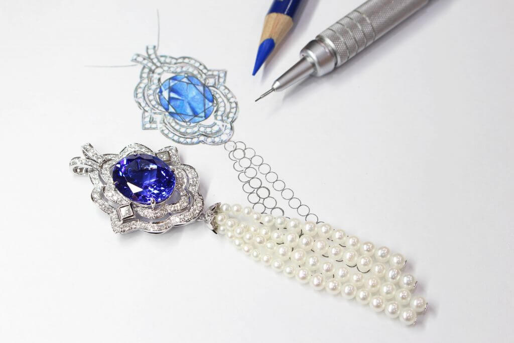 Art Deco Jewellery breath-taking piece of the symmetrical and geometric look. Tanzanite is birthstone gem for December. Bespoke Art Deco fine jewelry Singapore