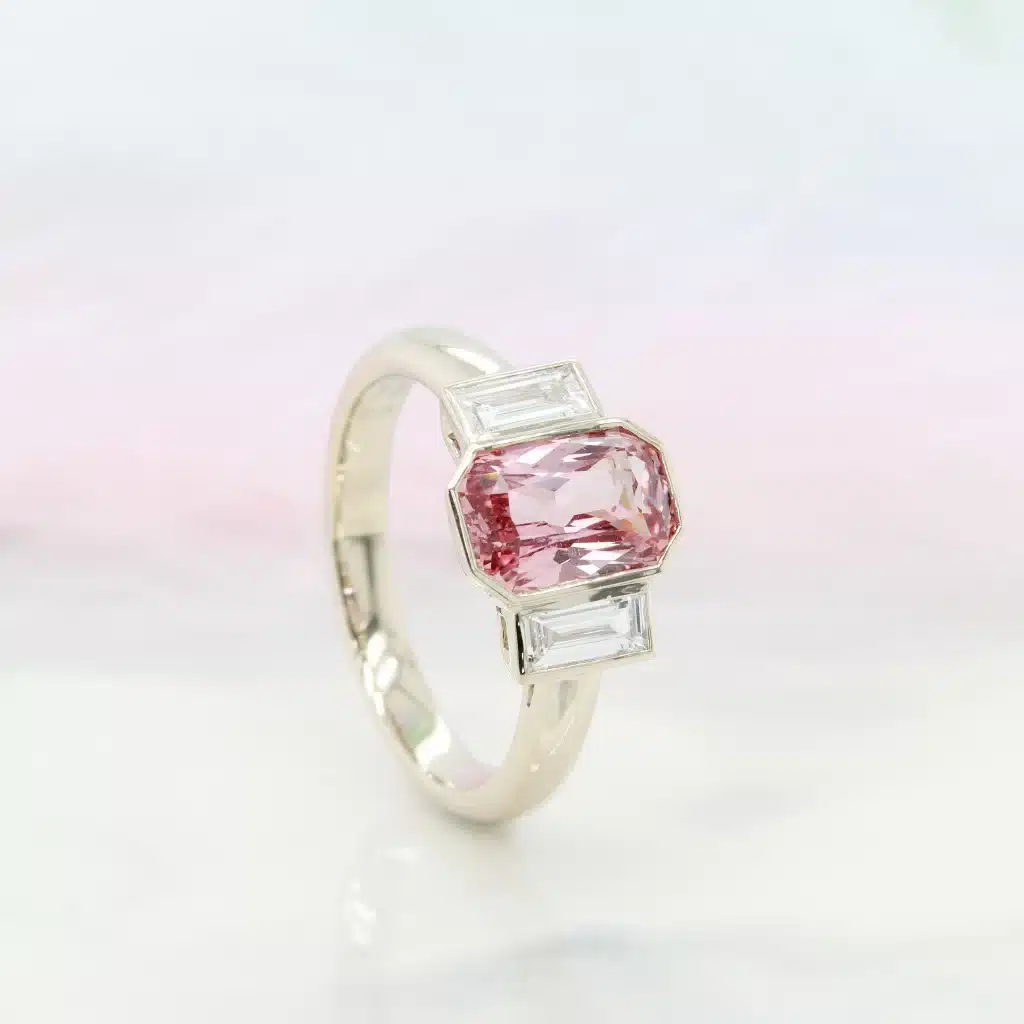 Art Deco Jewellery Padparadscha ArtDeco Diamond Bezel Champagne Gold Perspective