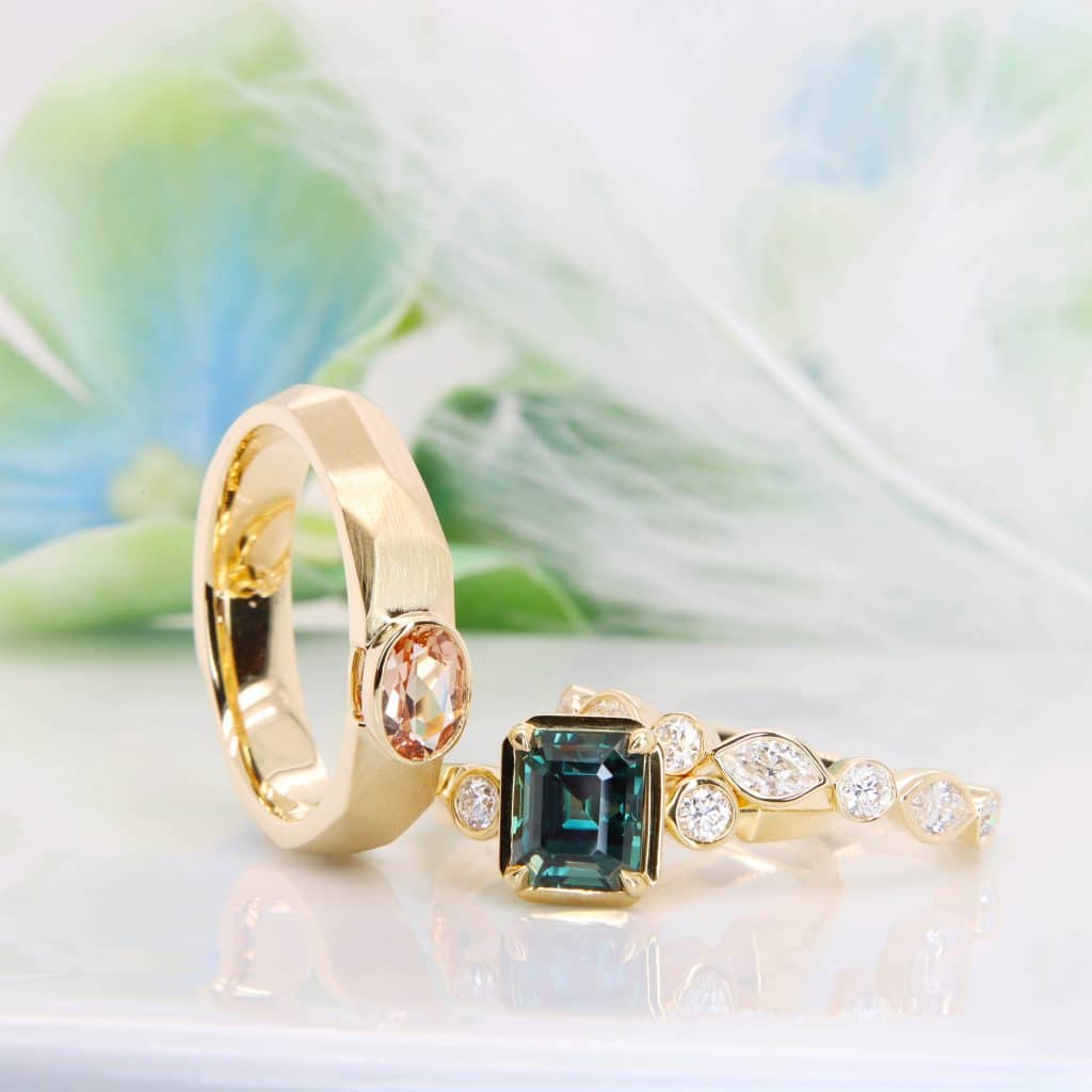 Yellow Gold Wedding Bands with Personalised gemstone and design gemstone engagement ring with Teal sapphire gemstone and birthstone wedding bands