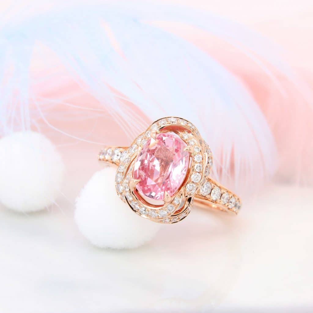 Padparadscha sapphire Ring with flora halo diamond
