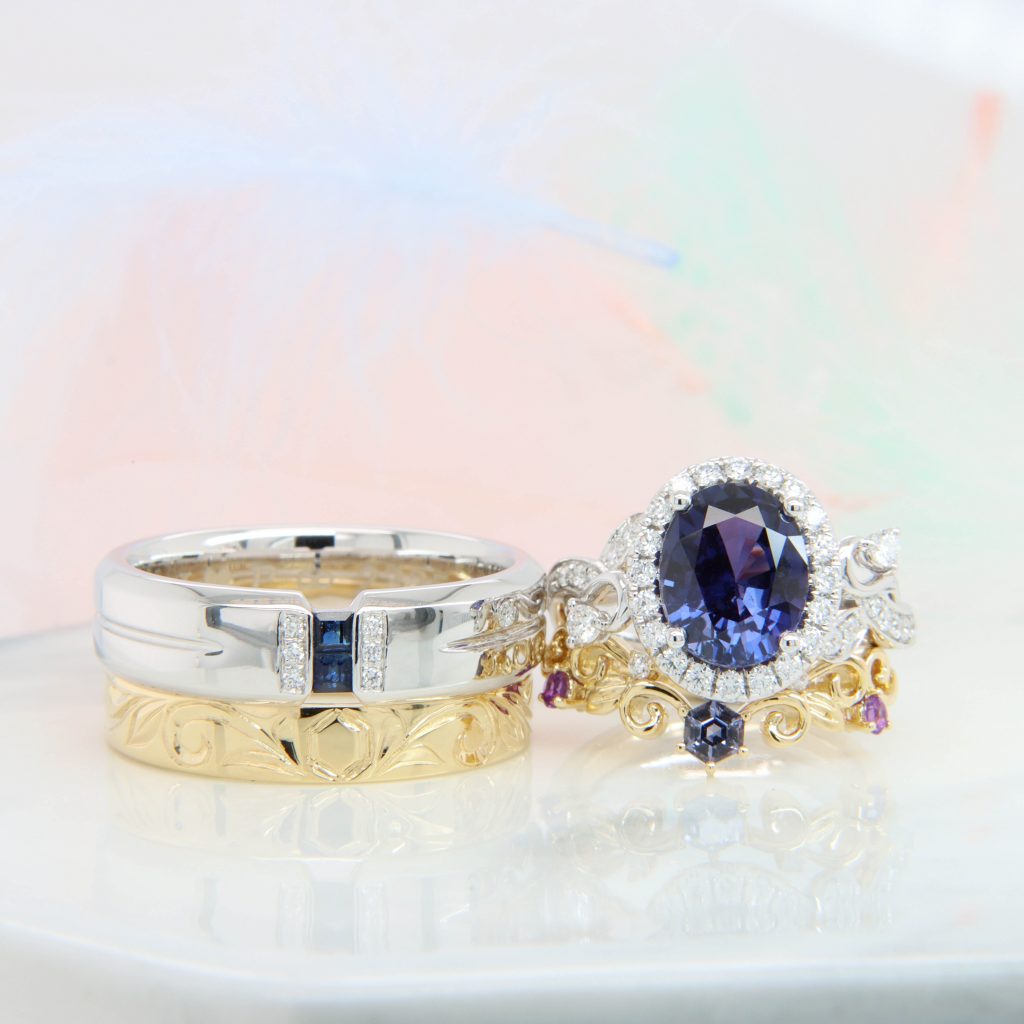 Customised Engagement ring and wedding bands with colour change sapphire fine jewelry - sapphire wedding bands