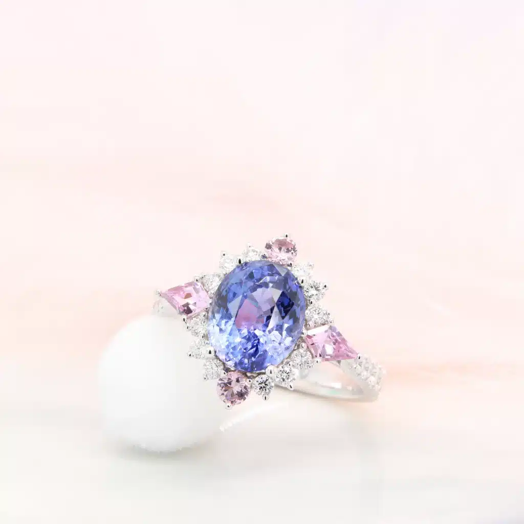Lavender Violet Sapphire with Halo Diamond & Pink Spinel Sapphire Ring by GIOIA Fine Jewellery in Singapore