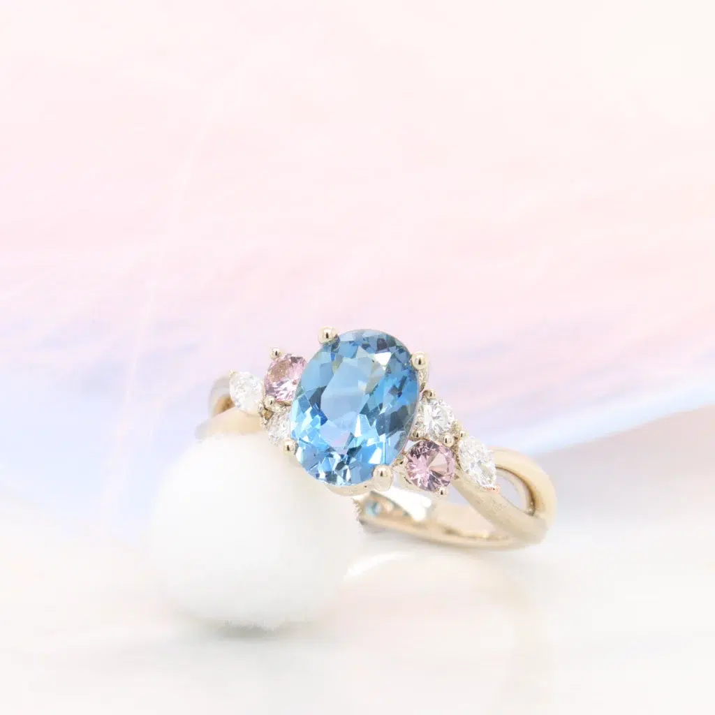 Aquamarine Ring with Cluster Diamond and Pink Spinel Gemstone in Champagne Gold Ring - Unique proposal ring in Singapore at GIOIA Fine Jewellery