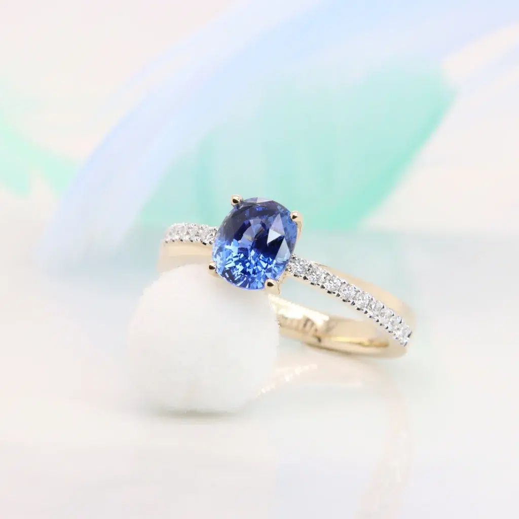 Blue Sapphire Ring with Crossover Diamond Pave Diamond Engagement Ring - Sapphire engagement ring 