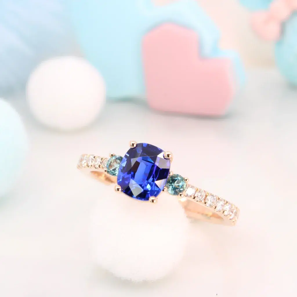 Blue Sapphire Ring with side Lagoon Tourmaline - Unique Proposal Ring