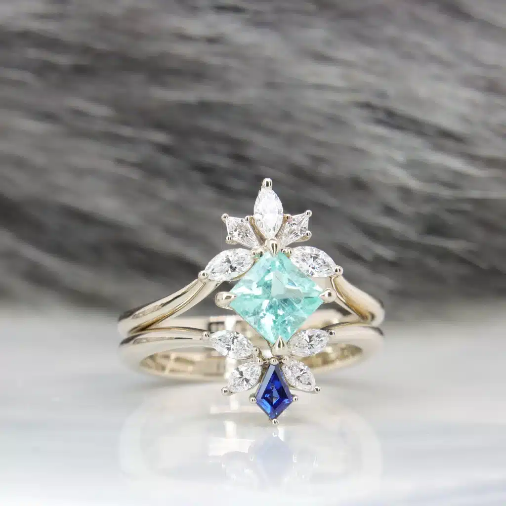 Stacking Wedding Rings Paraiba Tourmaline and Vivid Blue Sapphire diamond cut. Stacking Tiara Rings in unique design. Singapore #1 Custom Jeweller in Singapore Jewellery and Coloured Gemstone.