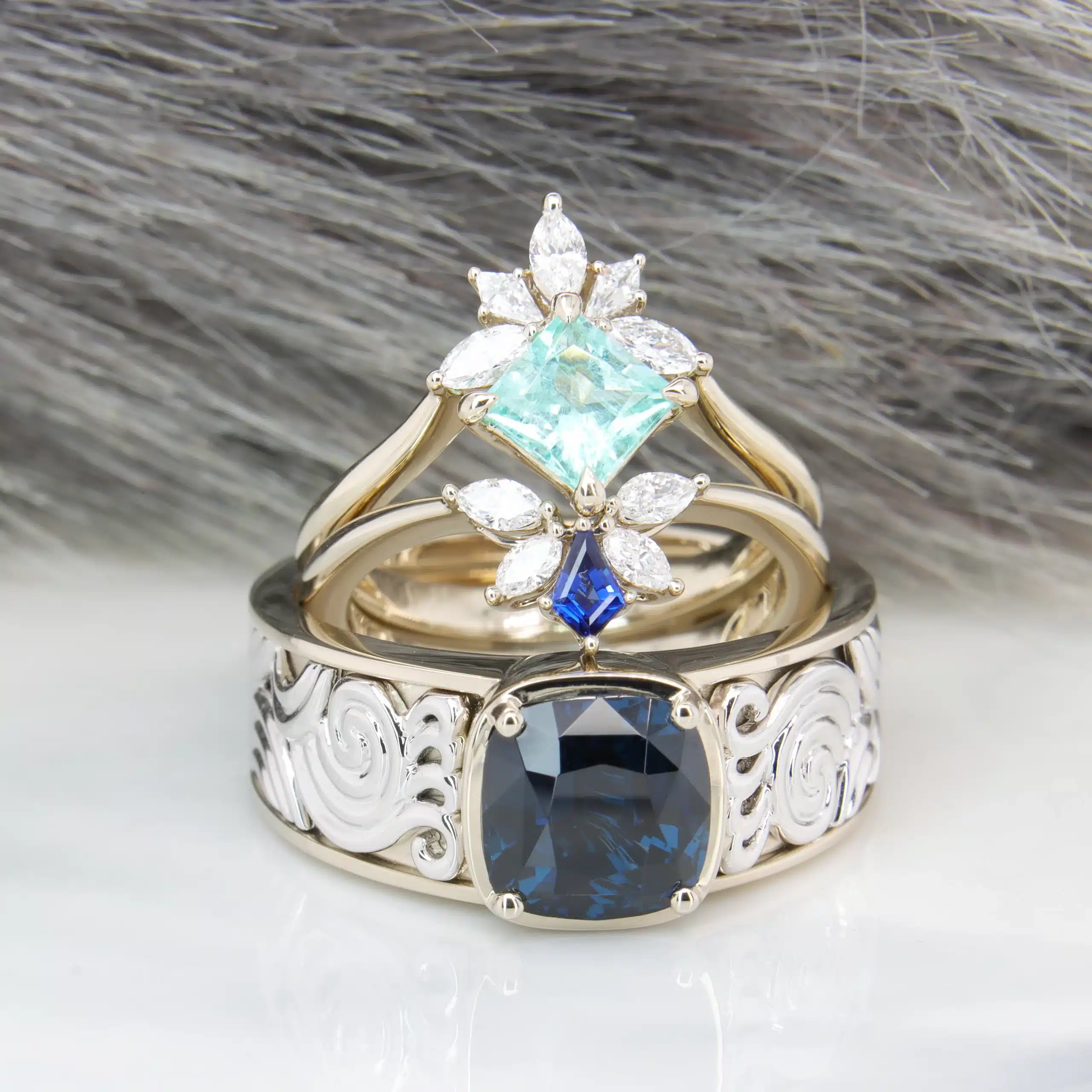 Stackable Wedding Rings - Paraiba Tourmaline & Sapphire Tiara Wedding Ring