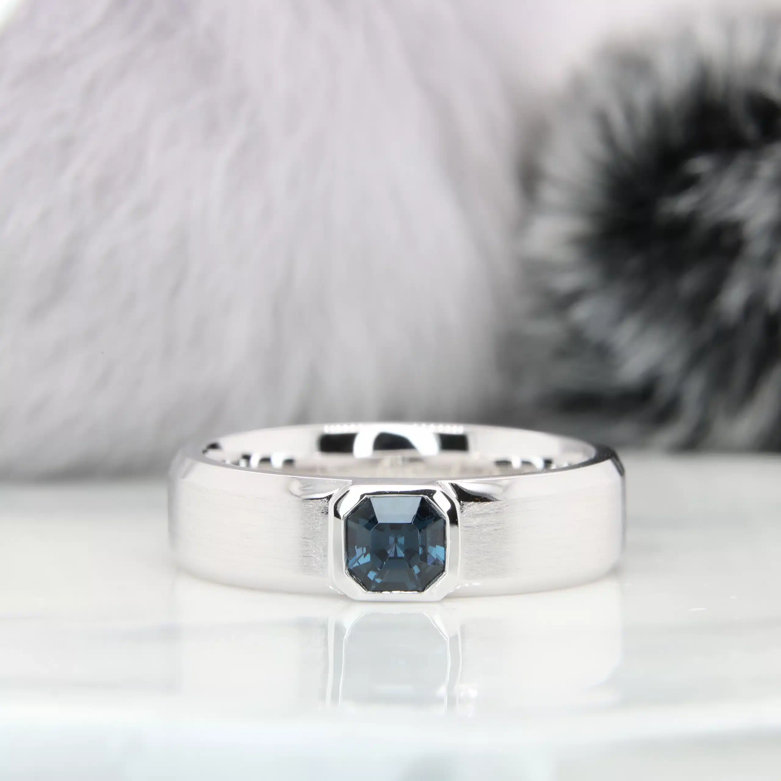 Modern Men's Ring with Geometric Blue Spinel Customised Wedding Rings in white gold