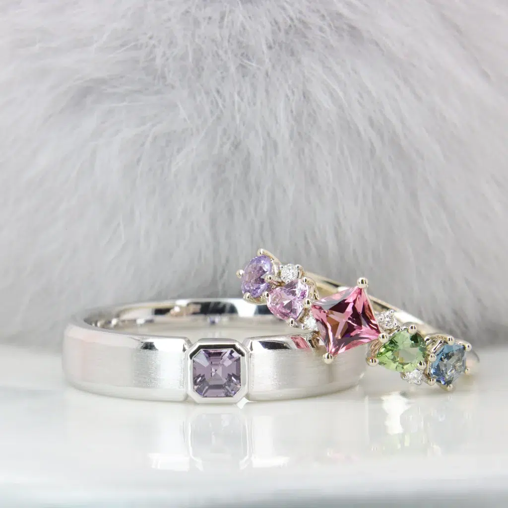 Cluster Gemstone Ring - Pink Tourmaline Cluster Gemstone Engagement Ring Men's Wedding Band - Unique proposal Ring 