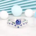 Round Blue Sapphire Ring with Stackable Sapphire Diamond V Eternity Band Sapphire Wedding Rings