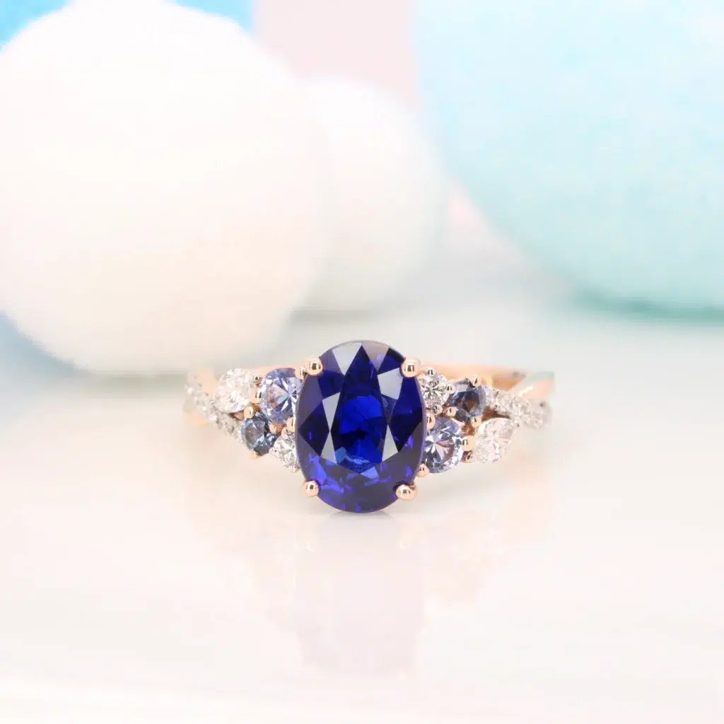 vivid Blue Sapphire Ring with cluster gemstone - Gemstone Engagement Ring