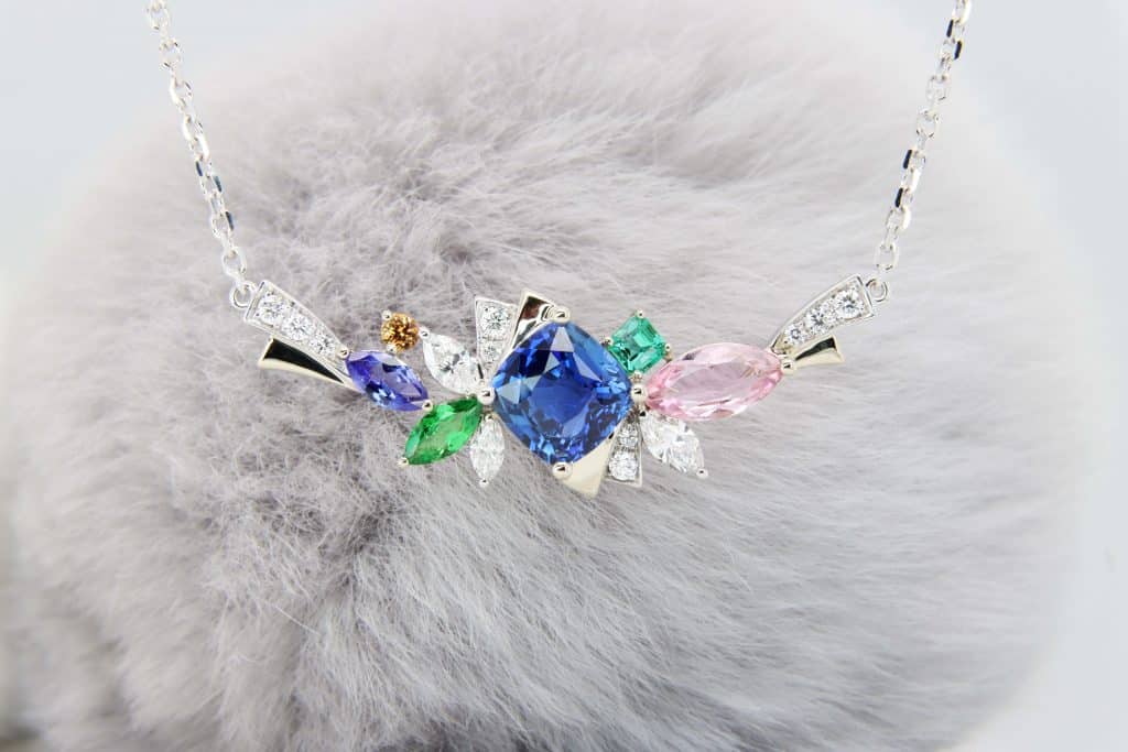 Birthstone jewellery Blue Sapphire Necklace with Family Birthstone from Royal Blue Sapphire Emerald Tsavorite mandrian garnet tanzanite imperial topaz