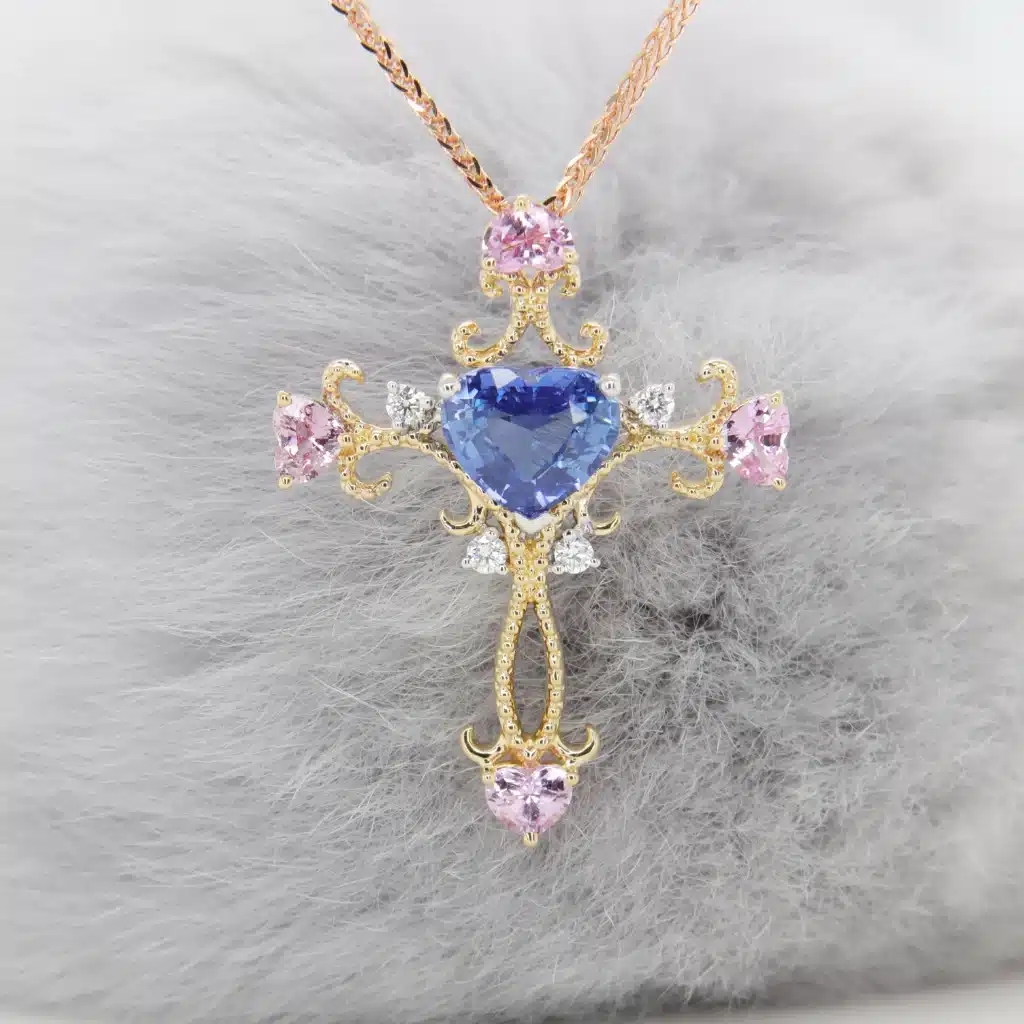 Blue Sapphire Vintage Cross with Pink Sapphire Yellow Gold Pendant with customised jewellery in Singapore