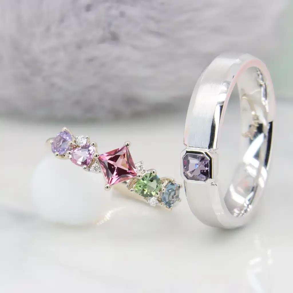 Cluster Gemstone Ring - Pink Tourmaline Cluster Gemstone Engagement Ring Men's Wedding Band in Singapore