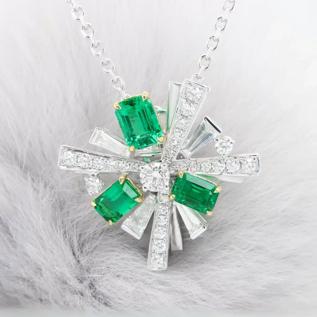 Emerald Diamond Gemstone Pendant necklace High Jewelry design with interchange attached design to diamond bracelet