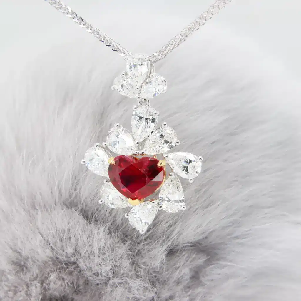 Burma Ruby High Jewelry in Singapore with exceptional Rare Gemstone Designed with Halo Pear Diamond Pendant
