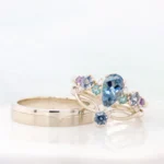 Aquamarine Cluster Gemstone Stacking Wedding Rings in Champagne Gold Perspective