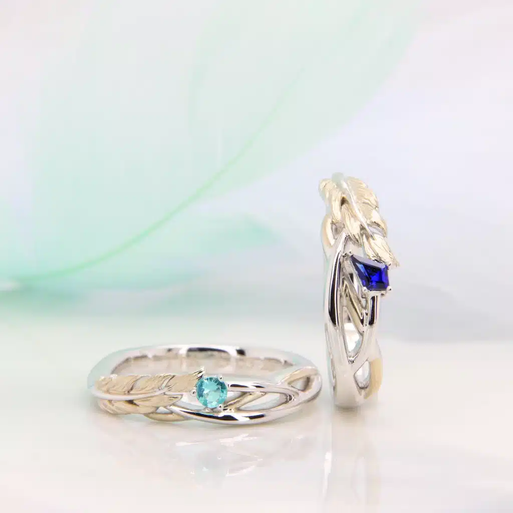 Unique Feather Ring Wedding Band Brazil Paraiba Tourmaline Blue Sapphire Twisted Band Custom Jewelry