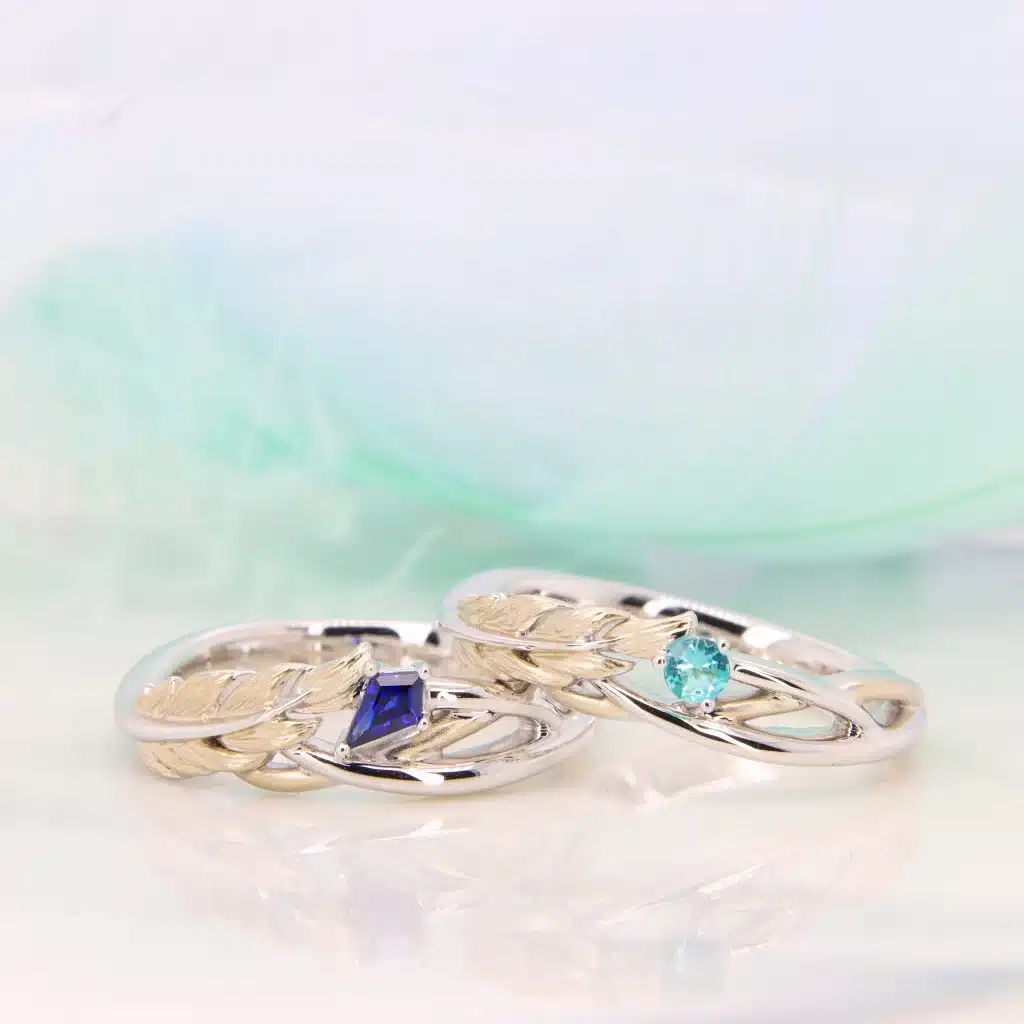 Feather Ring Wedding Bands with Gemstone sapphire and paraiba tourmaline unique wedding rings in Singapore