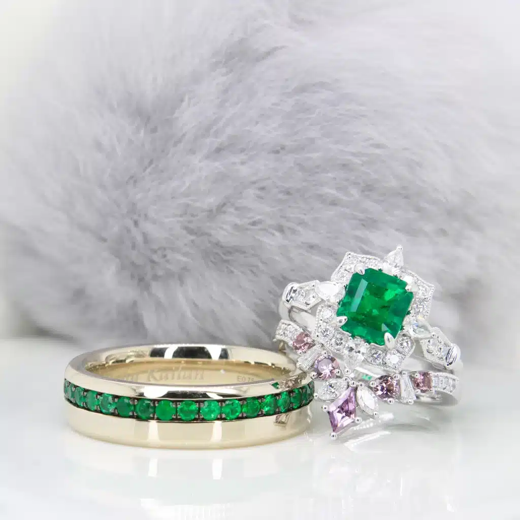 Emerald Wedding Bands - Muzo Green Emerald Colombian Ring with Stacking Wedding Bands with Men's Emerald Ring