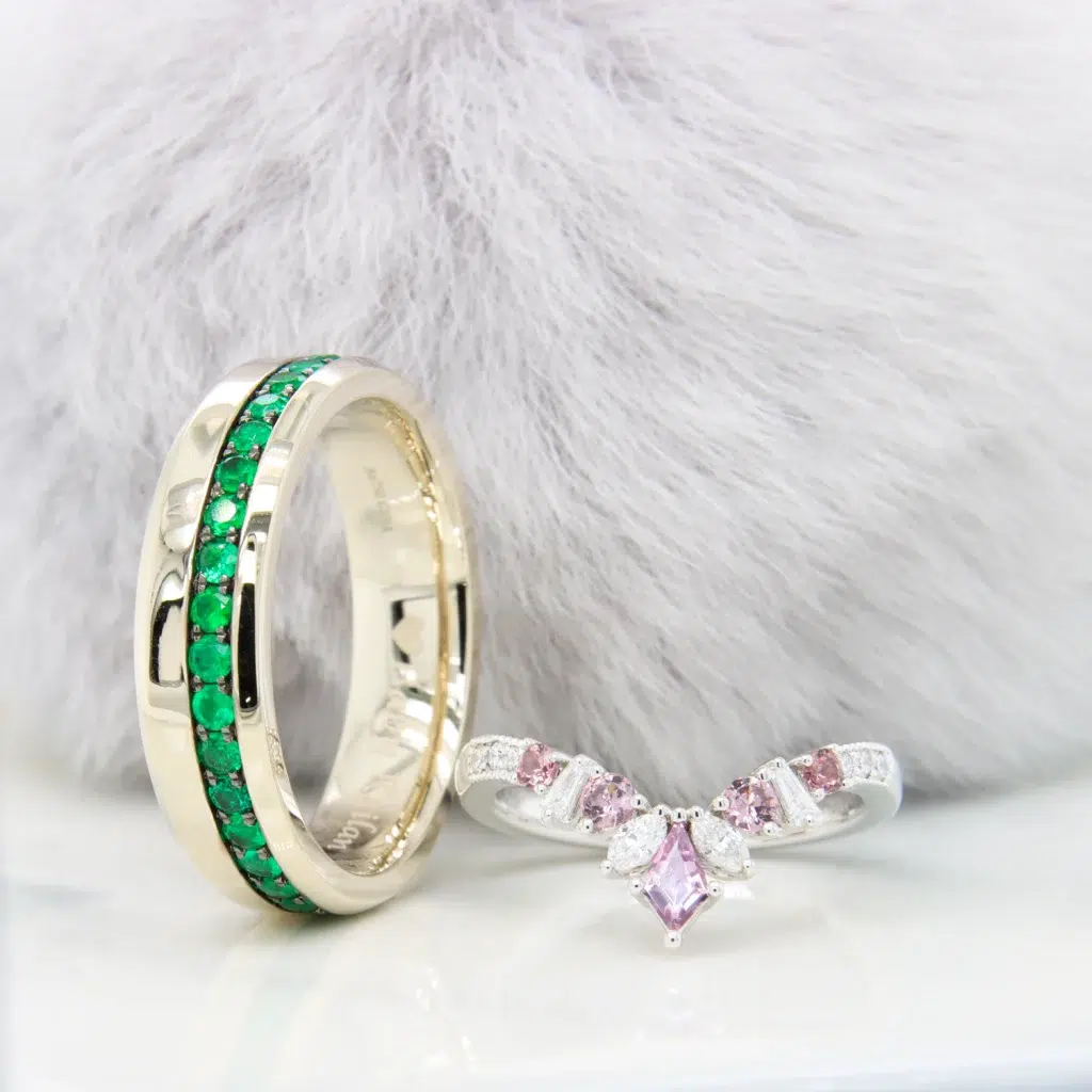 Emerald Wedding Bands with Pave Emerald Gemstone and Stackable Ladies ring to emerald engagement ring in Singapore