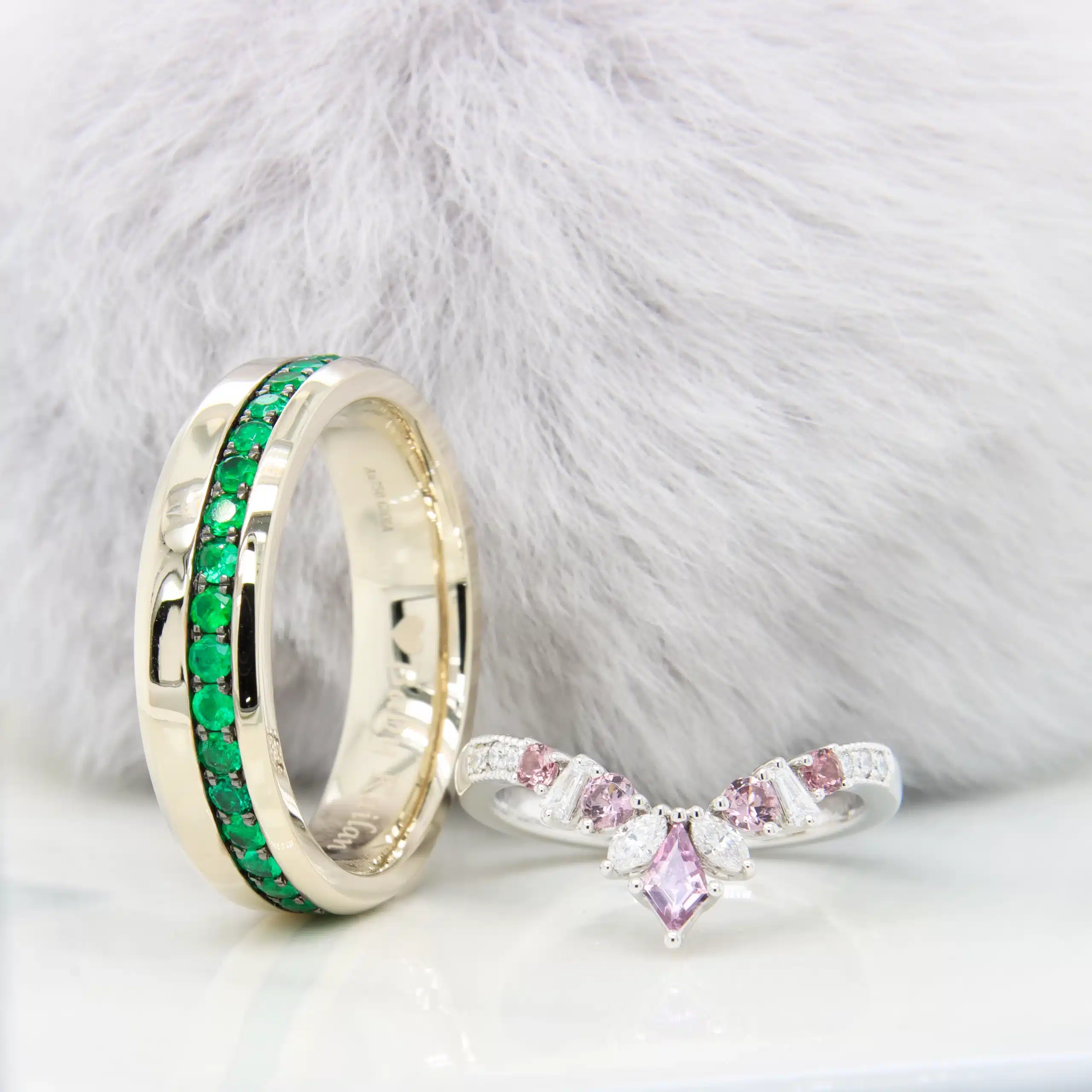Emerald Wedding Bands with Pave Emerald Gemstone and Stackable Ladies ring to emerald engagement ring in Singapore
