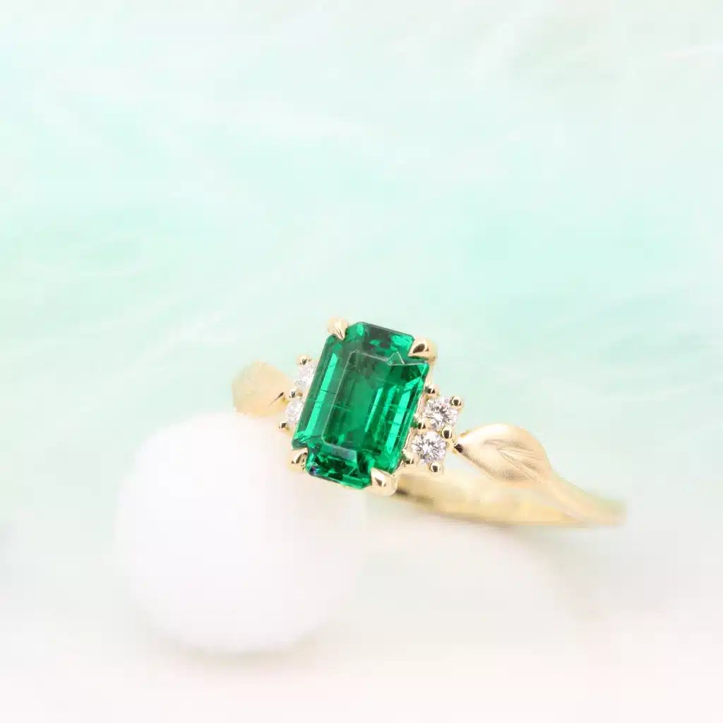 Emerald Proposal Ring leaves inspired design with diamond Custom Ring in Singapore