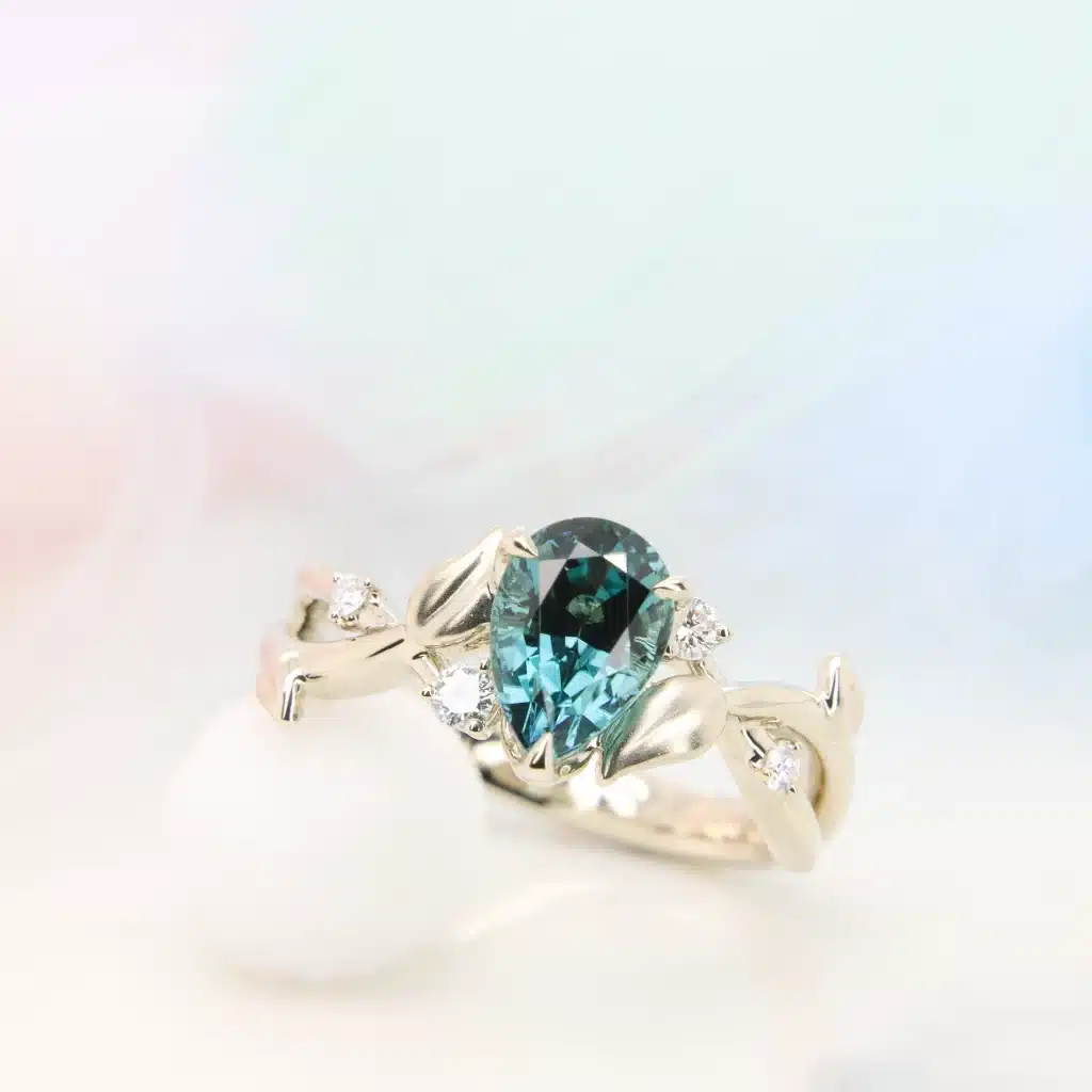 Blue Green Tourmaline Pear Unique Engagement Ring with Flora Leaves Inspiration from GIOIA Fine Jewellery in Singapore 