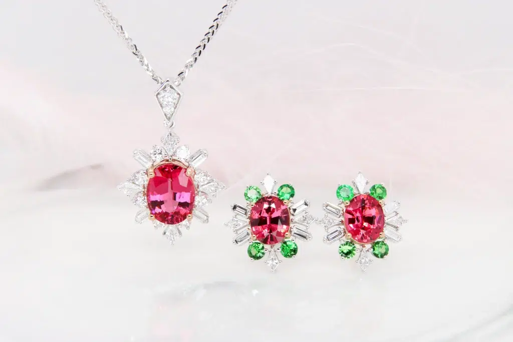 Custom Mahenge Pink Spinel Ballerina Pendant & Earring Stud with Green Tsavorite Bespoke Jewellery - Spinel in Blue, Grey, Hot Pink Mahenge, Burma Red. Customised Wedding Engagement ring, Pendant, Necklace & Earring Fine Jewellery | Singapore Designer Jeweller.