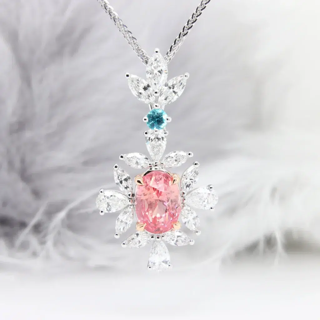 Bespoke Jewellery Rare Padparadscha Sapphire with unique Design and Brazil Paraiba Tourmaline Gemstone Pendant Necklace Fine Jewellery